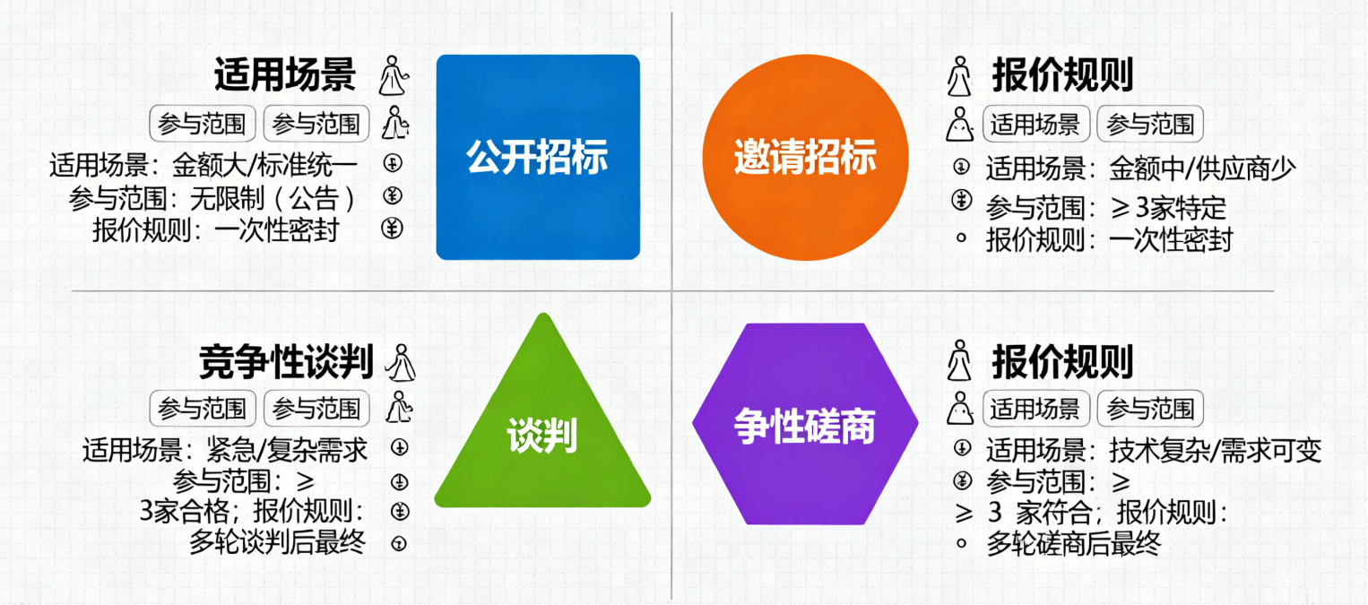 公开招标、邀请招标、竞争性谈判、竞争性磋商的核心区别