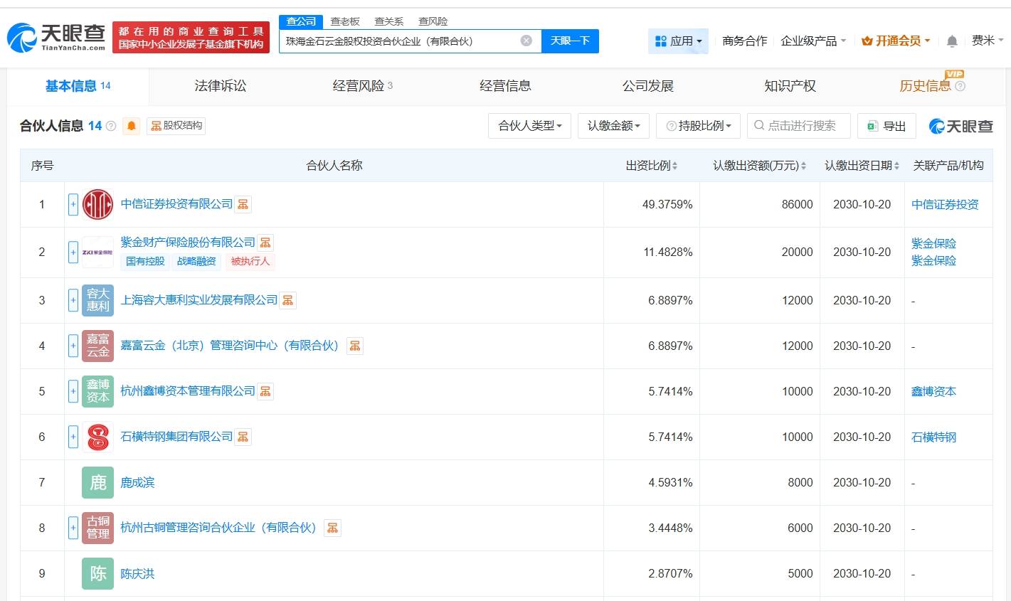 中信证券等在珠海成立股权投资合伙企业 出资额约17.4亿